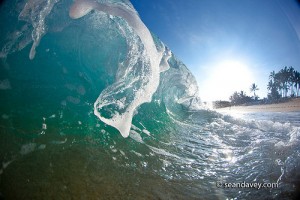 An ocean wave crashing onto beach at Monster Mush, north shore, Oahu, Hawaii
